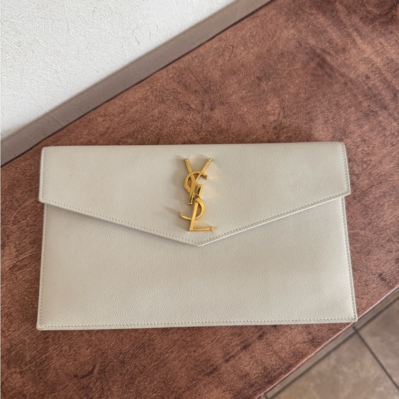 Yves Saint Laurent Uptown Beige Clutch with Gold Logo - Picture 2 of 4